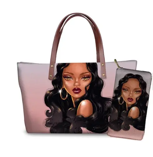 Thumbnail: Black African Art Printed PU Leather Tote & Shoulder Bag Set