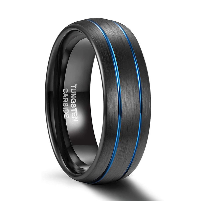 8MM Black Tungsten Carbide Ring with Double Blue Line Inlay – Men’s Wedding Band