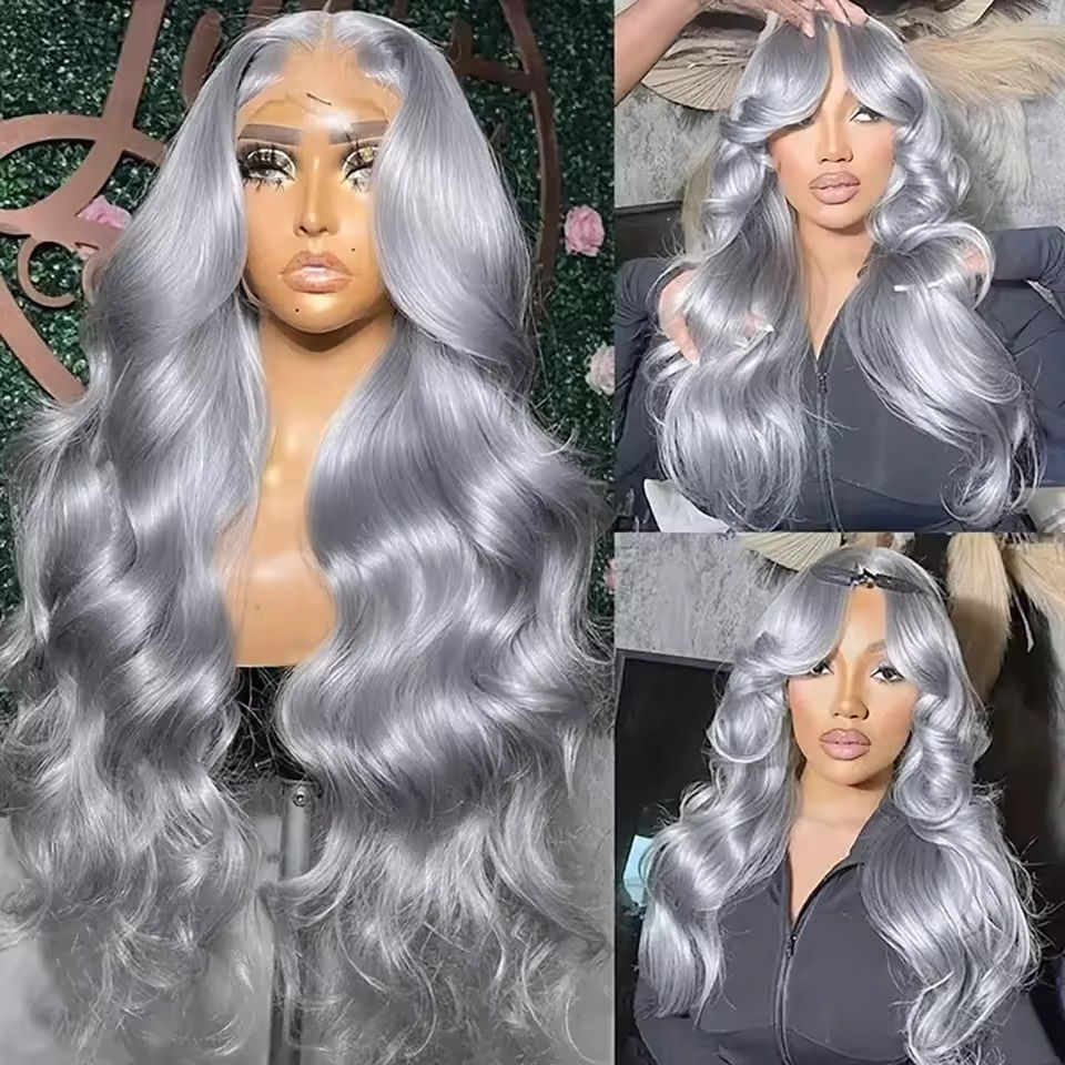 Thumbnail: Qeenfy Silver Grey Body Wave 13x4 HD Lace Front Wig – 100% Remy Human Hair