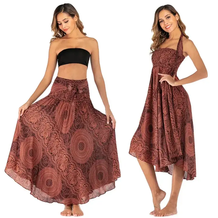 Thumbnail: Bohemian Floral Ethnic Style Long Skirt Elastic Waist Flowing Maxi Skirt Women