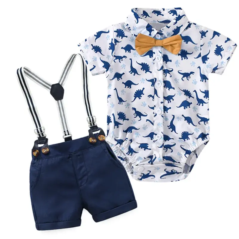 Thumbnail: Romper Clothes Set for Baby Boy with Bow & Hat – Striped Gentleman Summer Outfit