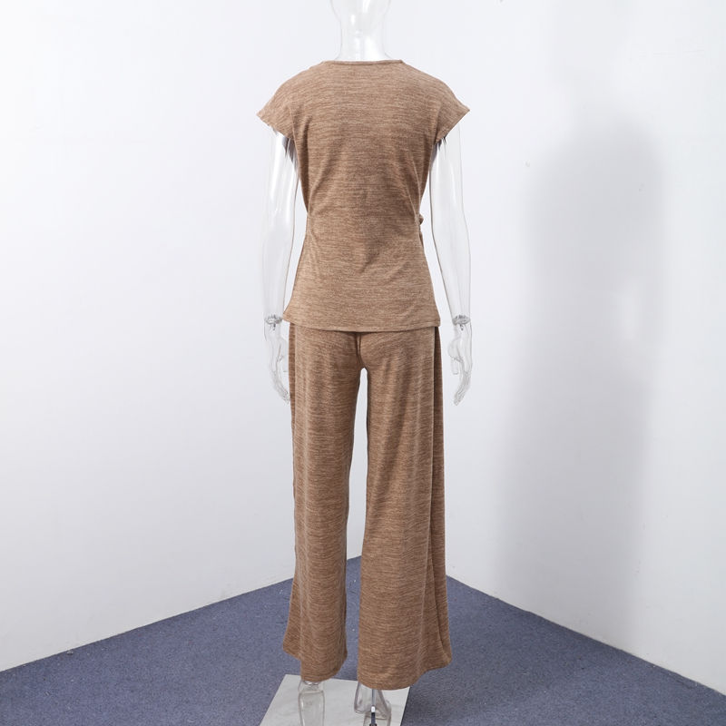 Thumbnail: Womens Deep V Neck Sleeveless Button Top and Wide Leg Pants Set