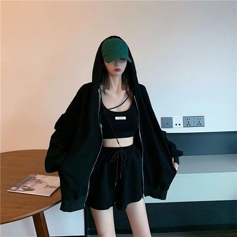 Thumbnail: Three-Piece Casual Set with Hooded Jacket, Vest, and Drawstring Shorts