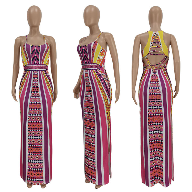 Thumbnail: Print Suspender High Waist Side Slit Maxi Dress Summer Casual Elegant Dress