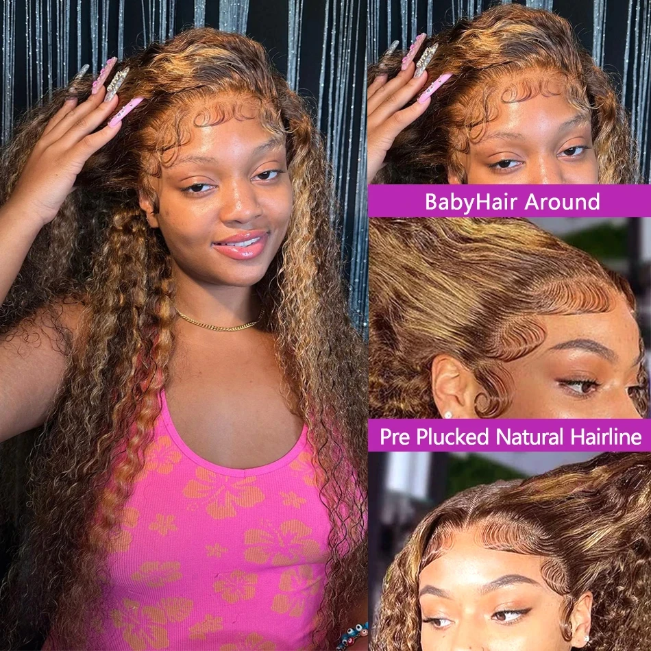 Thumbnail: Honey Blonde Highlight Curly Wig – 13x6 HD Lace Brazilian Human Hair