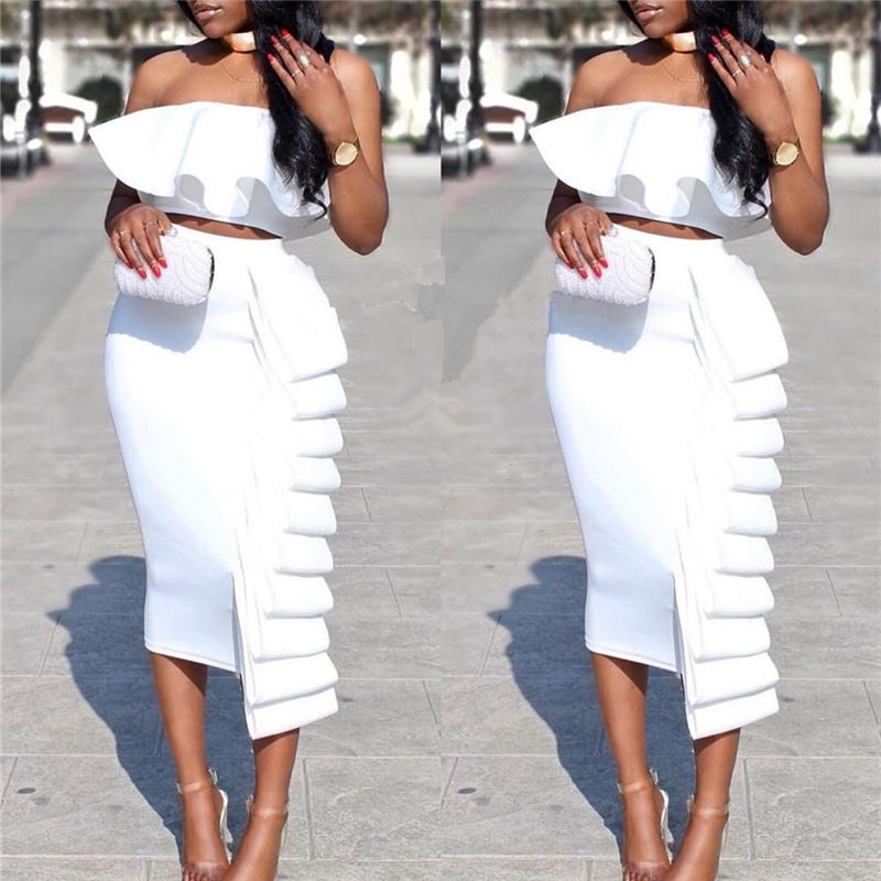 Plus Size 2 Piece Skirt Set High Waist Wrap Crop Top Dress