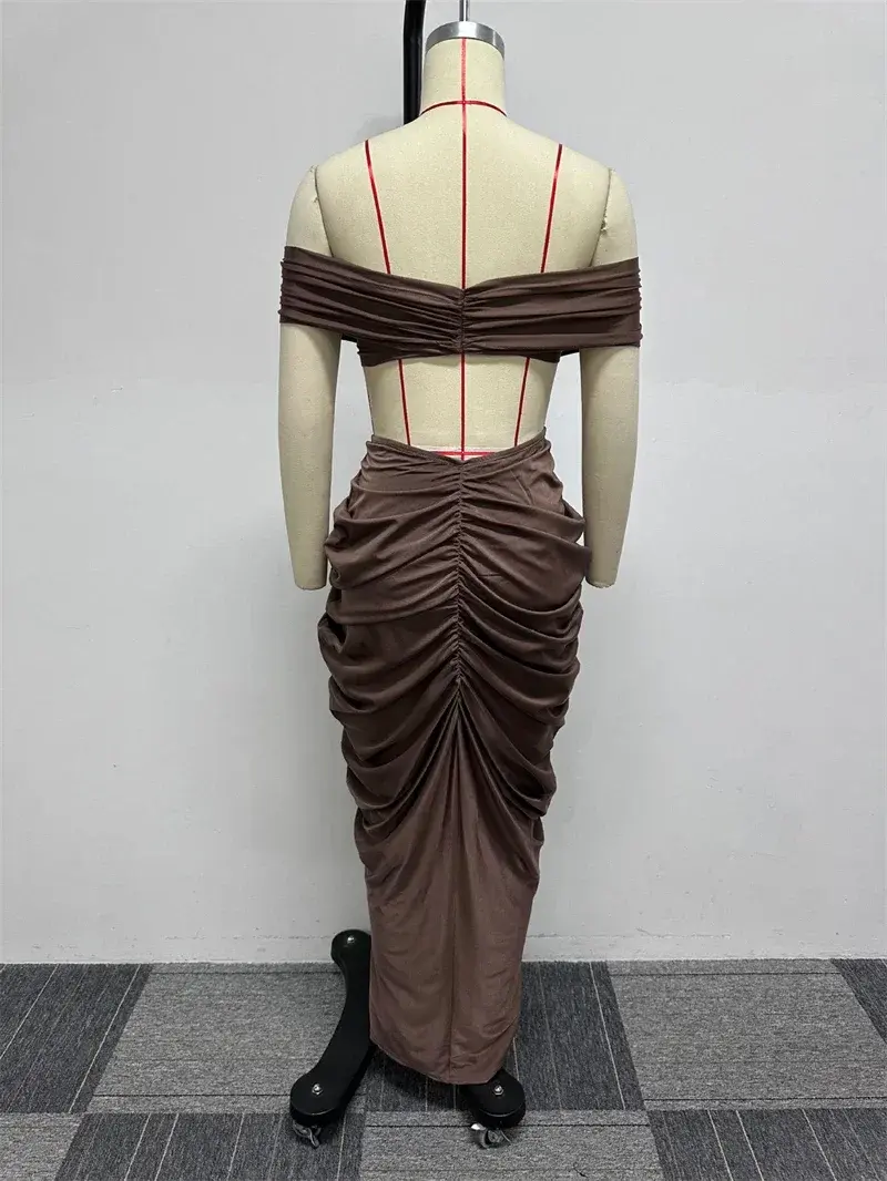 Thumbnail: Women V-Neck Ruched Two-Piece Maxi Dress Set