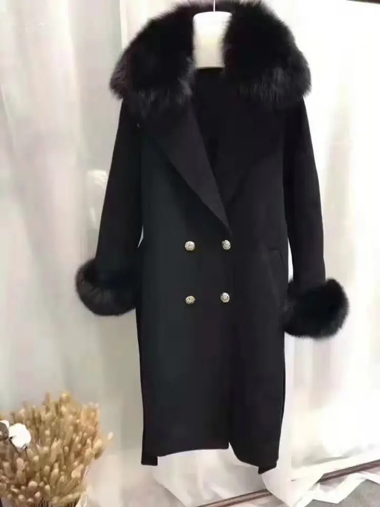 Thumbnail: Women’s Fox Fur Collar Wool Blend Long Coat
