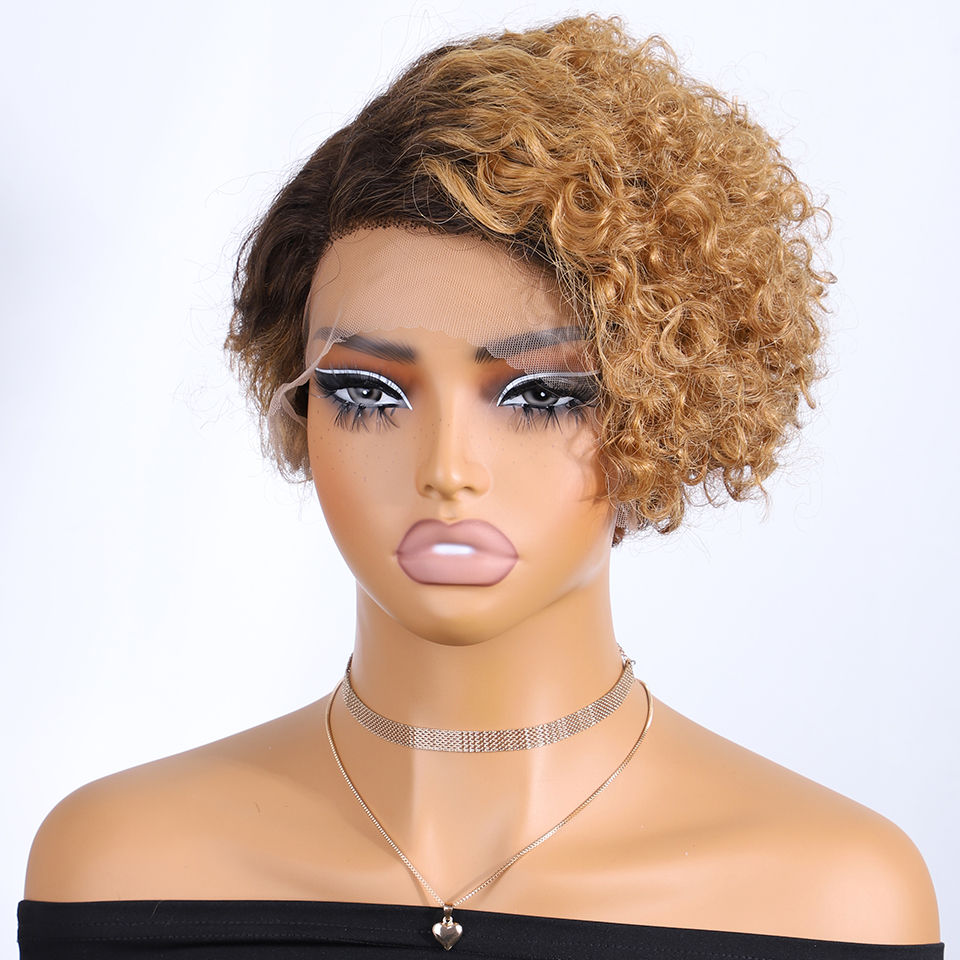 Thumbnail: Pixie Cut Short Bob Wig Human Hair 13x6x1 Lace Curly Afro Kinky Wave