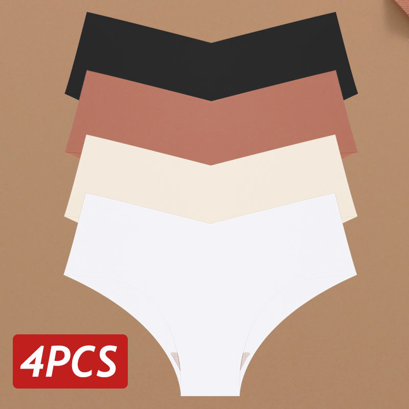 Thumbnail: 4PCS Women’s Seamless Ice Silk Low-Rise Briefs V-Waist Panties Set