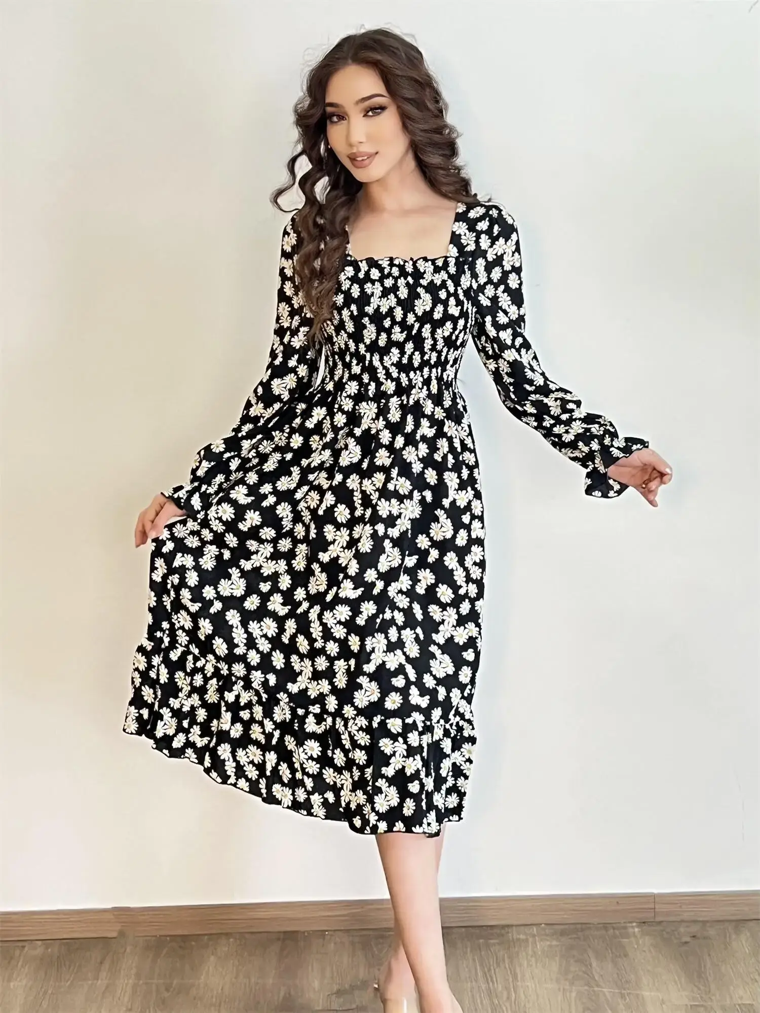 Long Sleeve Floral Chiffon A-Line Dress