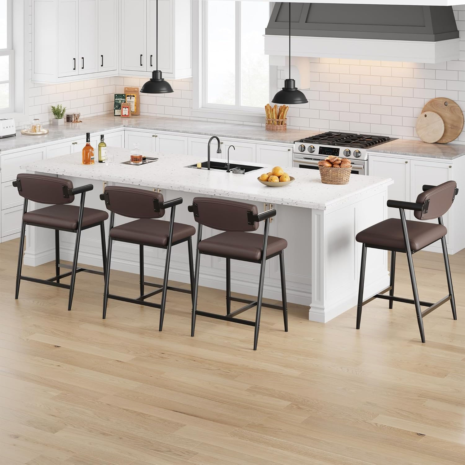 Set of 2 Swivel Bar Stools – Counter Height with Back & Footrest Metal Design