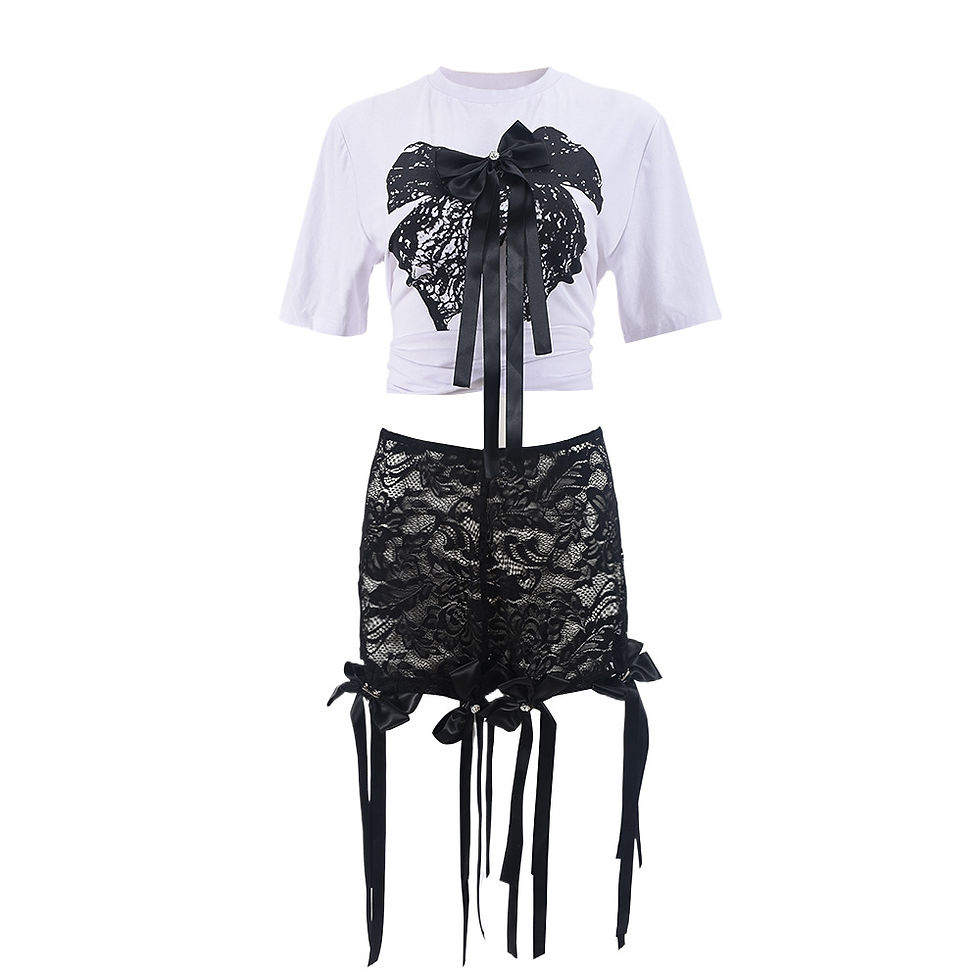 Thumbnail: Women's Set Bow O-Neck short sleeve Tops and lace Shorts Suits Streetwear
