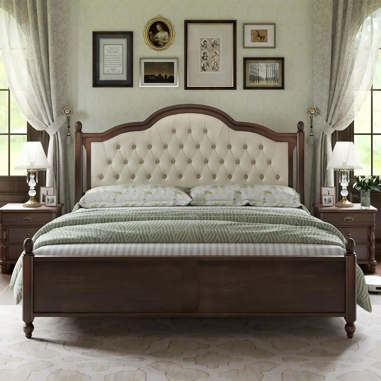 Mid-Century Solid Wood Platform Bed with Upholstered Headboard – Modern Sleek