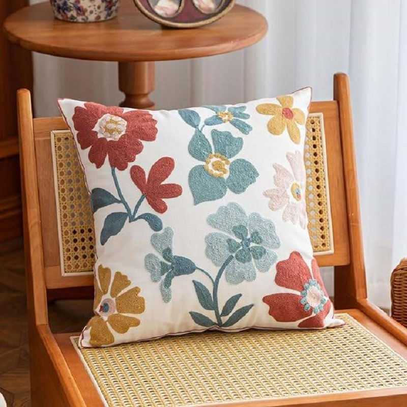 Nordic Style Floral Embroidered Cotton Pillow Cover for Home & Hotel