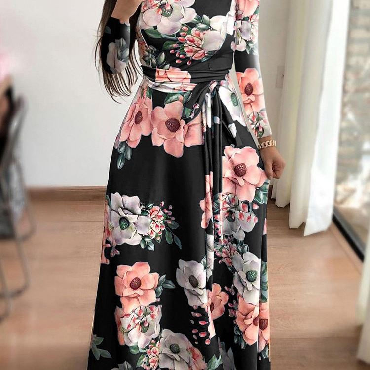 Plus Size Women’s Floral High Neck Belted Long Sleeve Dress