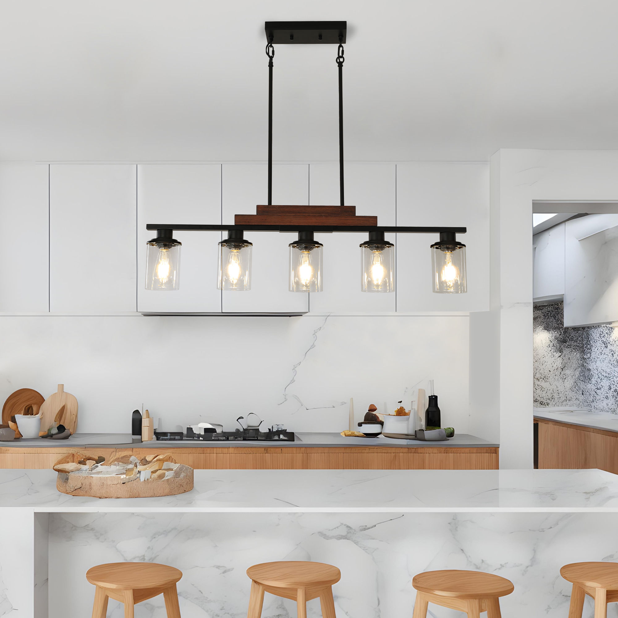 Farmhouse Industrial 5-Light Pendant Chandelier with Metal and Wood Finish