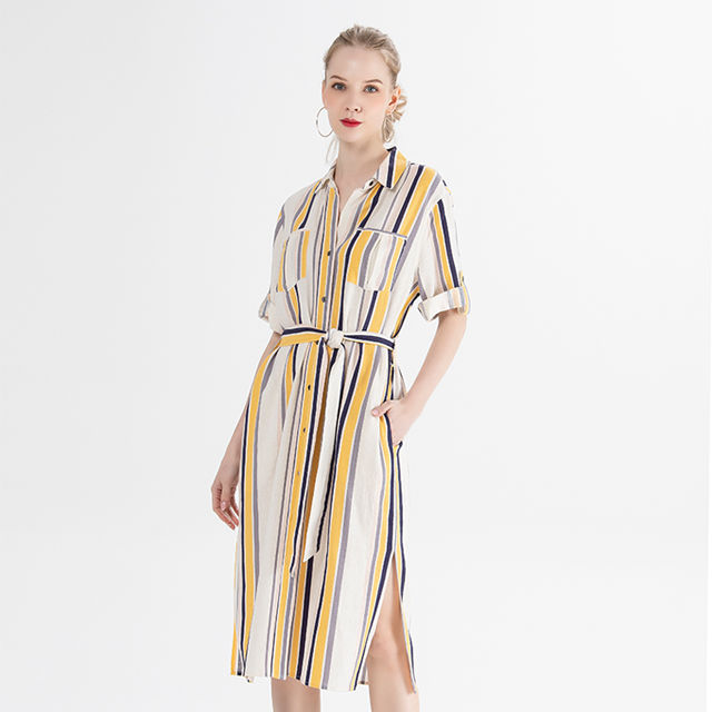 Thumbnail: Summer Striped Linen Belted Maxi Shirt Dress