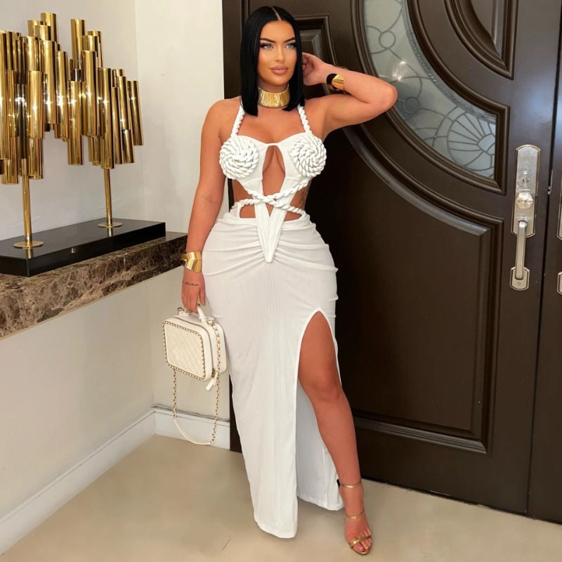 Women Solid Halter Strapless Lace-Up Maxi Dress