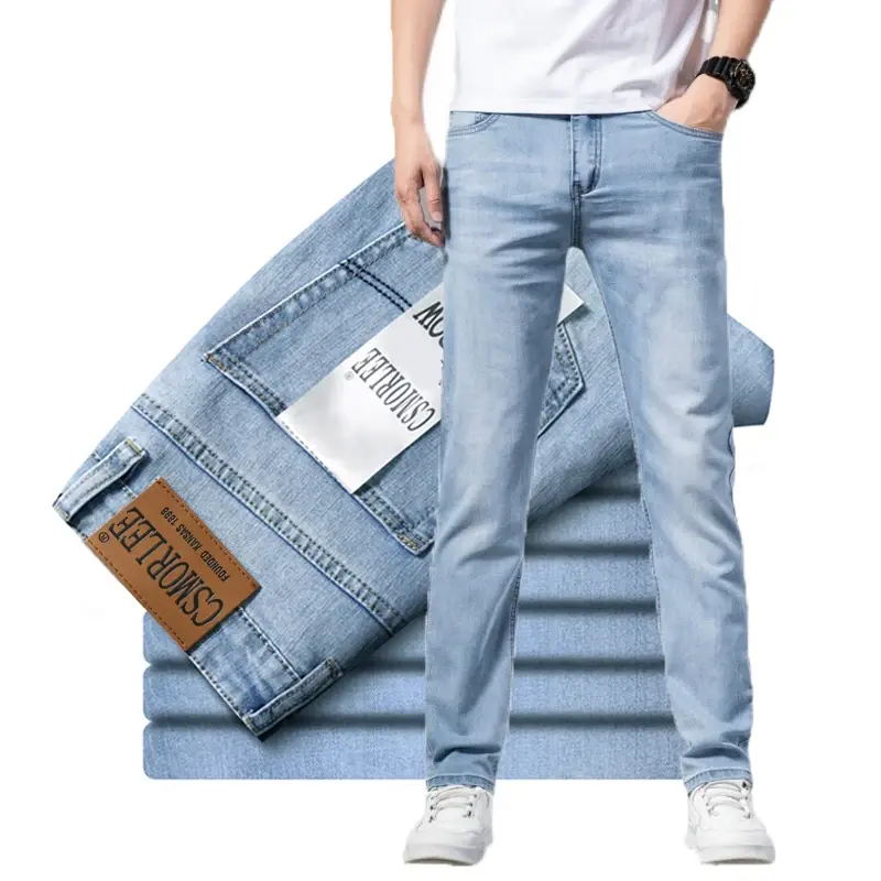 Men’s Light Blue Stretch Cotton Business Casual Jeans – Spring/Summer Fit