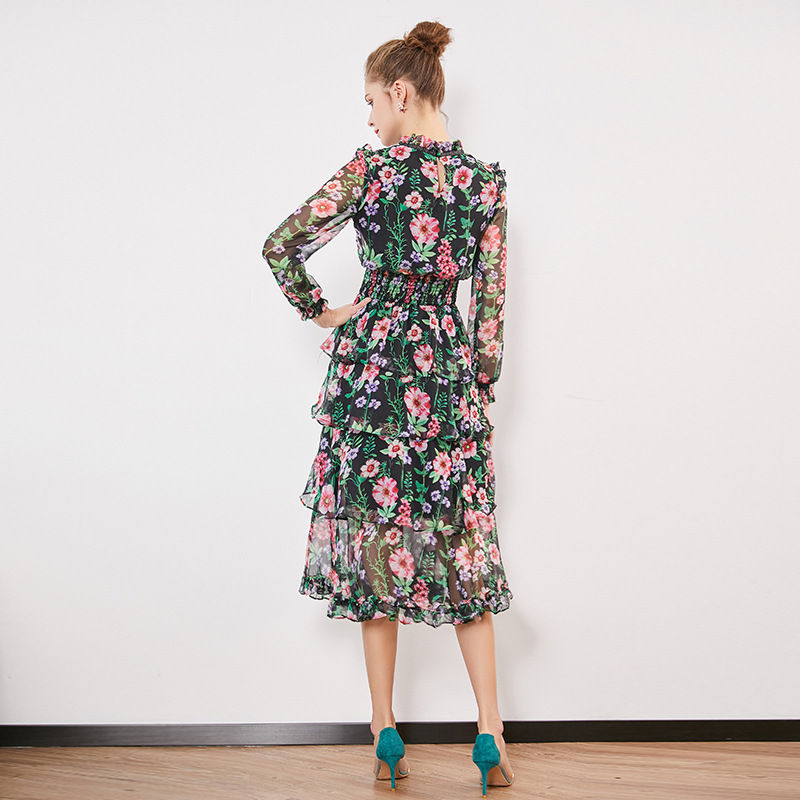 Thumbnail: Women Boho Chiffon Floral Print Long Sleeve Maxi Party Beach Dress Elegant Chic