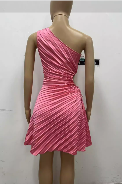 Thumbnail: Women Pleated One Shoulder Sleeveless Cutout Waist Dress