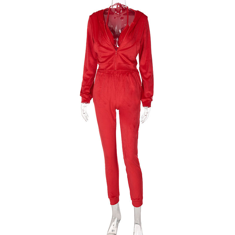 Thumbnail: Women’s 3-Piece Cropped Velvet Tracksuit Winter Jogging Set Sweatshirt & Pants