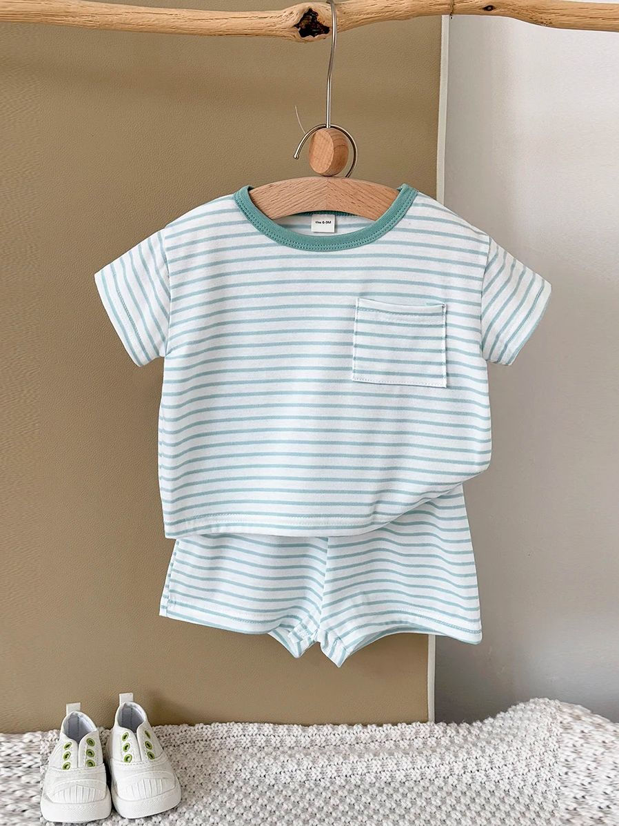 Summer Baby Boy & Girl Outfit–Blue & White Stripes Short Sleeve Top+Loose Shorts