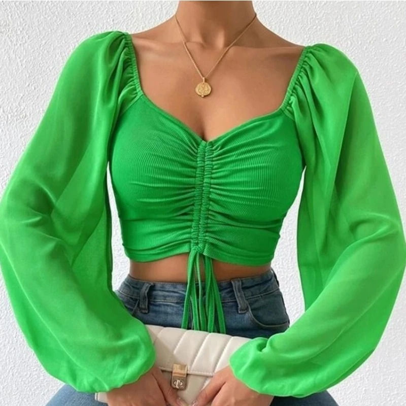 Thumbnail: Women’s Mesh Lantern Sleeve Top – V-Neck Drawstring Crop Blouse