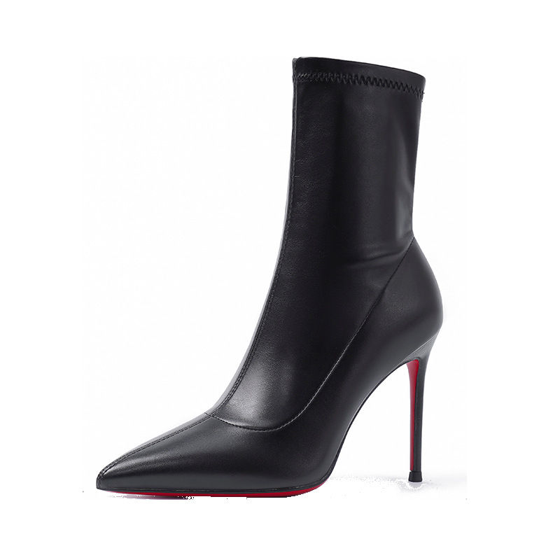 Thumbnail: Black Leather Red Sole Pointed Toe Slip-On Mid-Calf Boots for Women