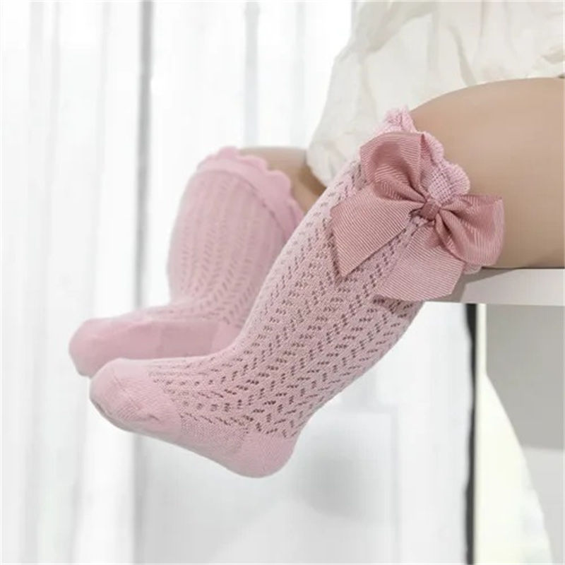 Baby Girl Mesh Lace Knee Socks – Cotton Bow Summer Socks (0–24M)