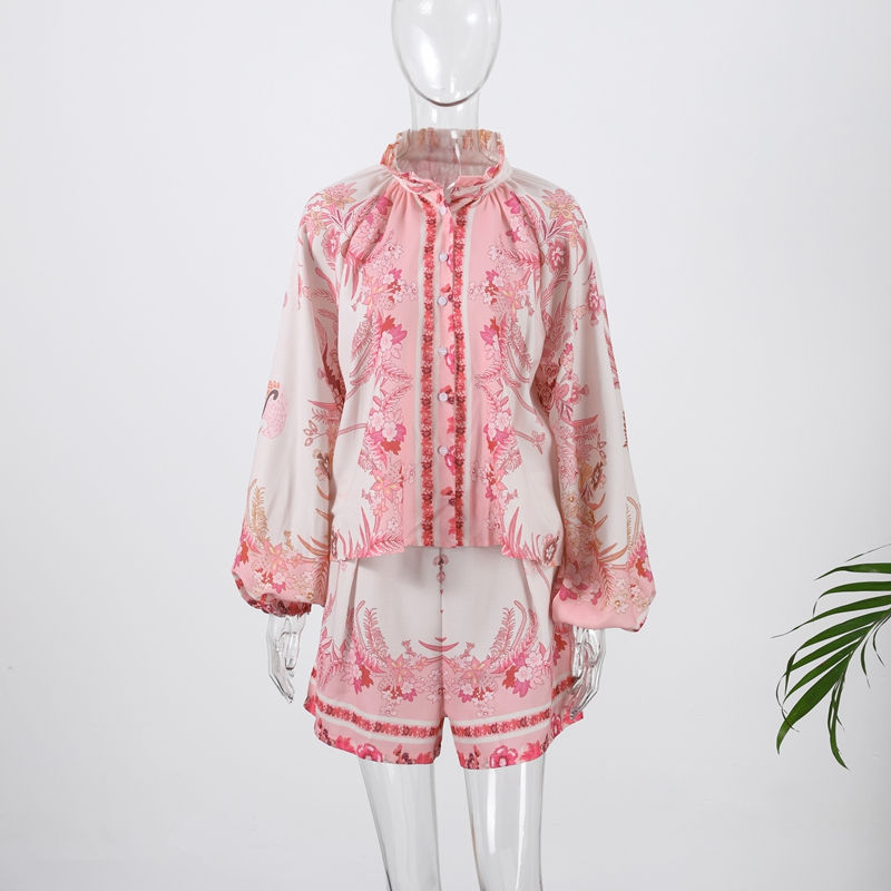 Thumbnail: Floral Print Lantern Sleeve Top and Shorts Two-Piece Set for Spring/Summer