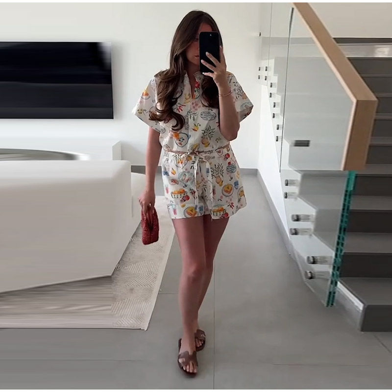 Thumbnail: Casual Print Shorts Set with Single-Breasted Shirt and Wide-Leg Bottoms