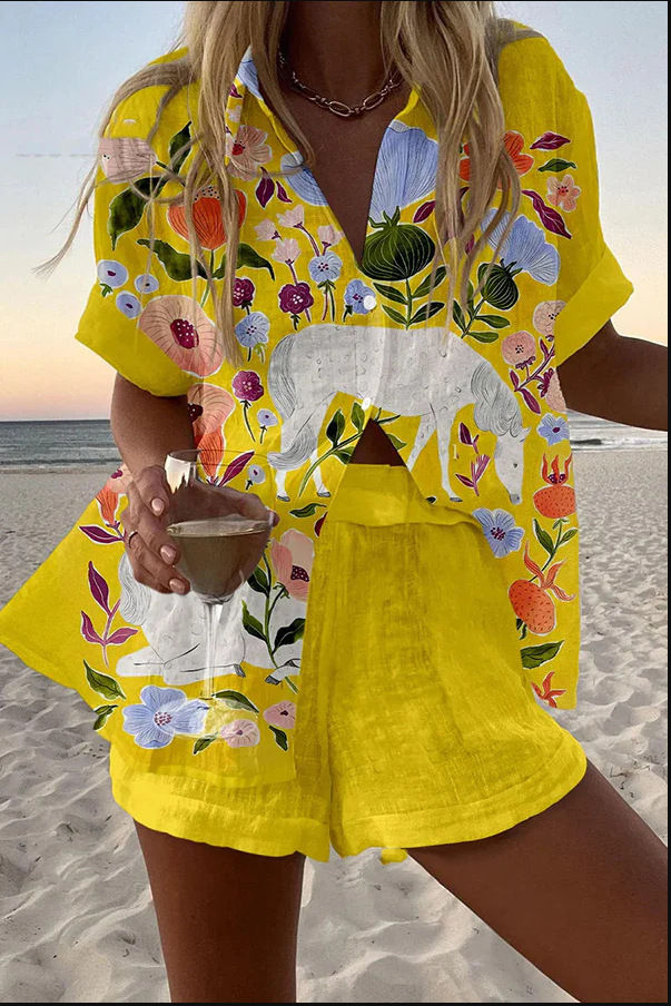 Thumbnail: Women's Summer Beach Holiday Two-Piece Set – Printed Shirt & Flare Shorts