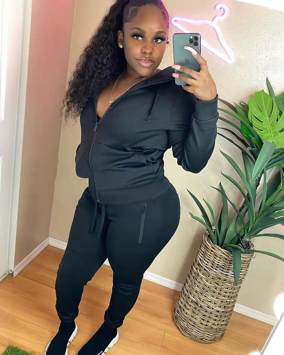 Thumbnail: Women’s Two-Piece Drawstring Jogger Pants and Zipper Hoodie Sweatshirt Set