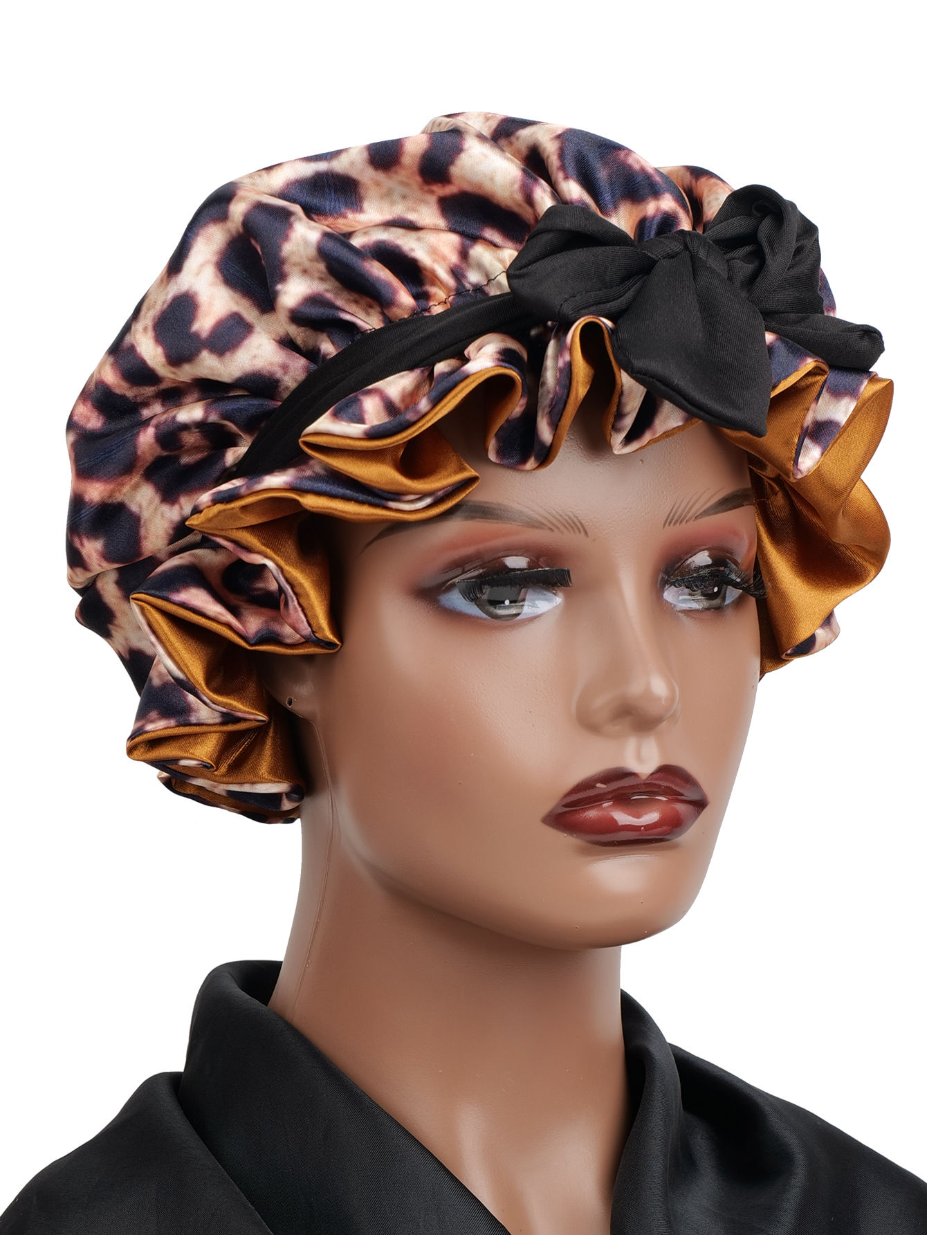 4PCS Leopard Print Satin Hair Bonnets – Double Layer Sleep Caps