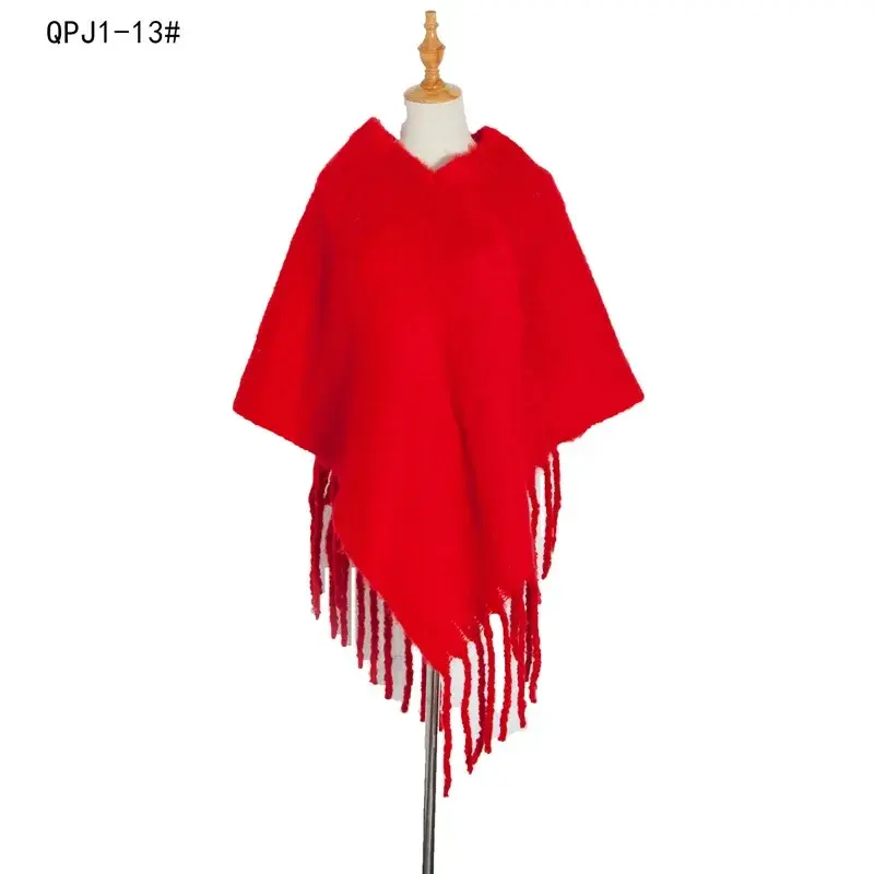 Thumbnail: Women Thick Yarn Pullover Poncho with Tassel Shawl Cloak for Spring Autumn