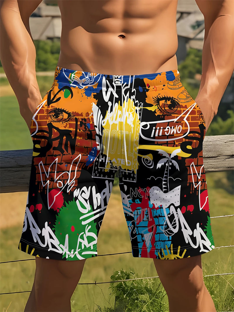 Thumbnail: Graffiti 3D Print Drawstring Swim Shorts for Men Summer Wear