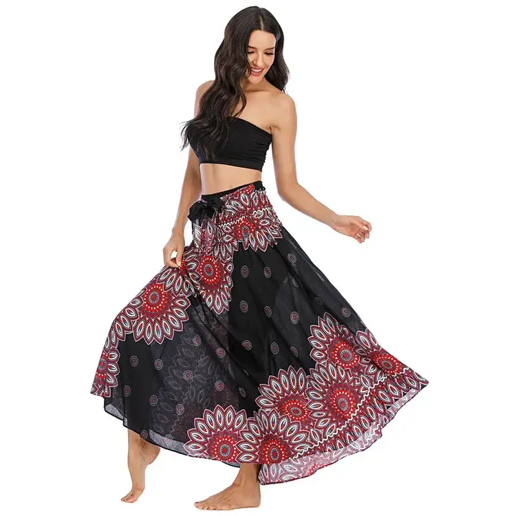 Thumbnail: Bohemian Floral Ethnic Style Long Skirt Elastic Waist Flowing Maxi Skirt Women