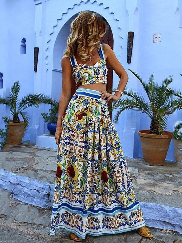 Thumbnail: Bohemian Print Two-Piece Skirt Set – Crop Camisole & Ankle-Length Skirt