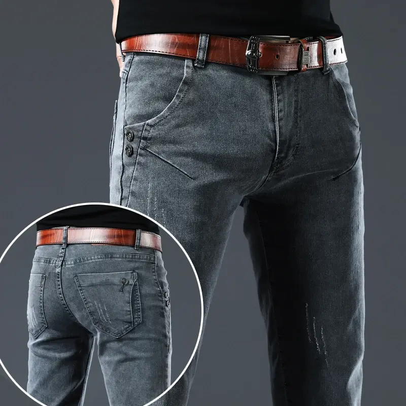Thumbnail: FlexForm Grey Slim Denim Pants – Men's Business Casual Stretch Fit