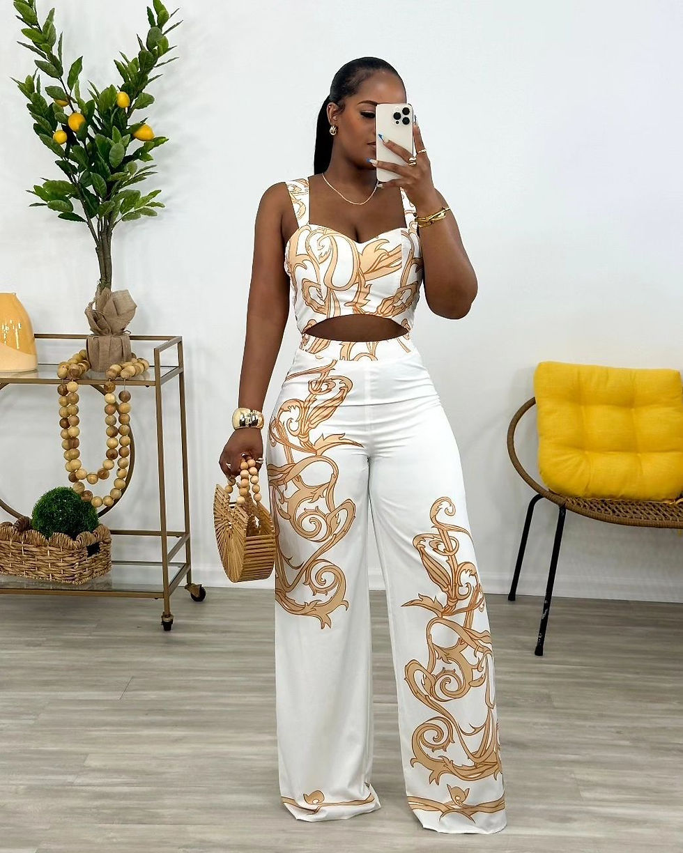 Thumbnail: Summer Printed Sleeveless Top and Wide-Leg Pants Set for Women