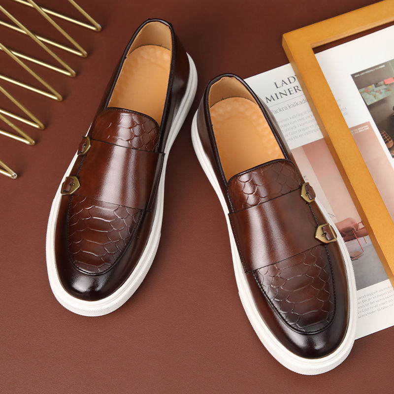 Thumbnail: Men Monk Strap Flats Black Brown Leather Casual Shoes Retro Fashion Style