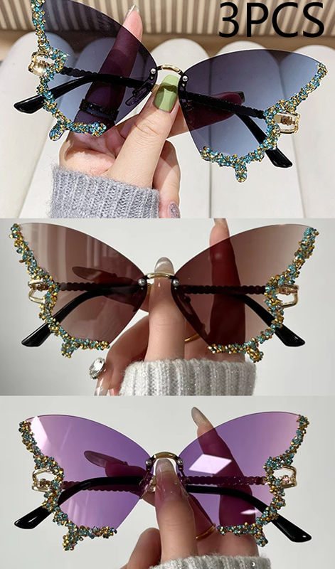 Thumbnail: Luxury Diamond Butterfly Sunglasses for Women Y2K Vintage Oversized Rimless
