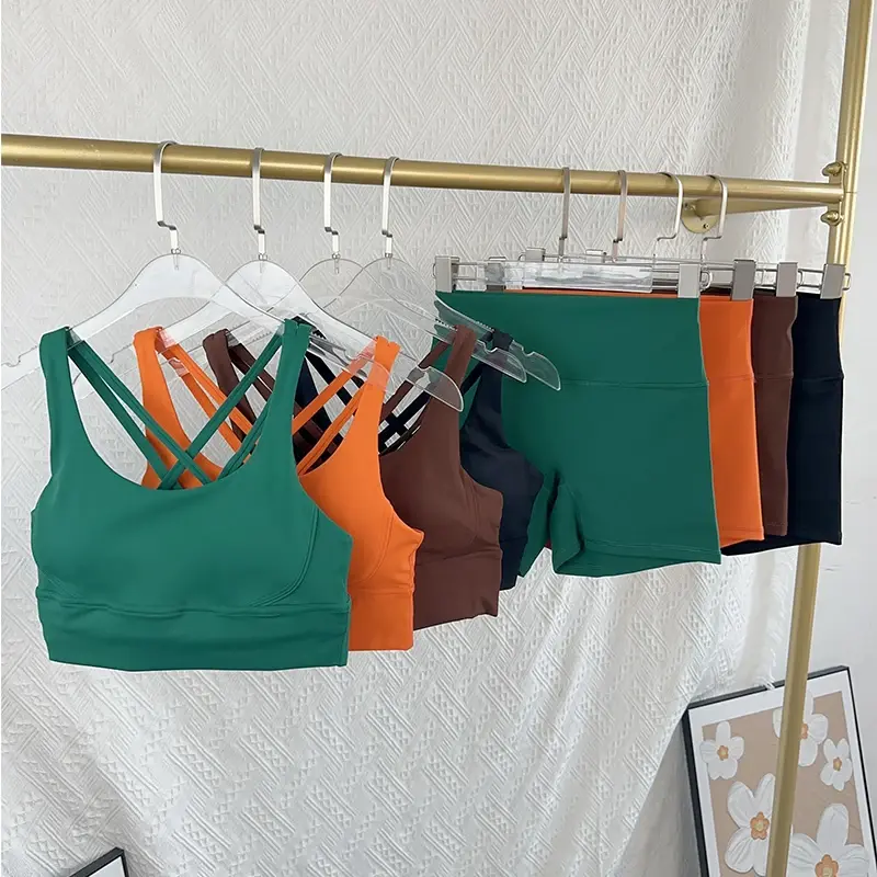 Thumbnail: Womens 2 Piece Yoga Set with Cross Back Bra and High Waist Shorts