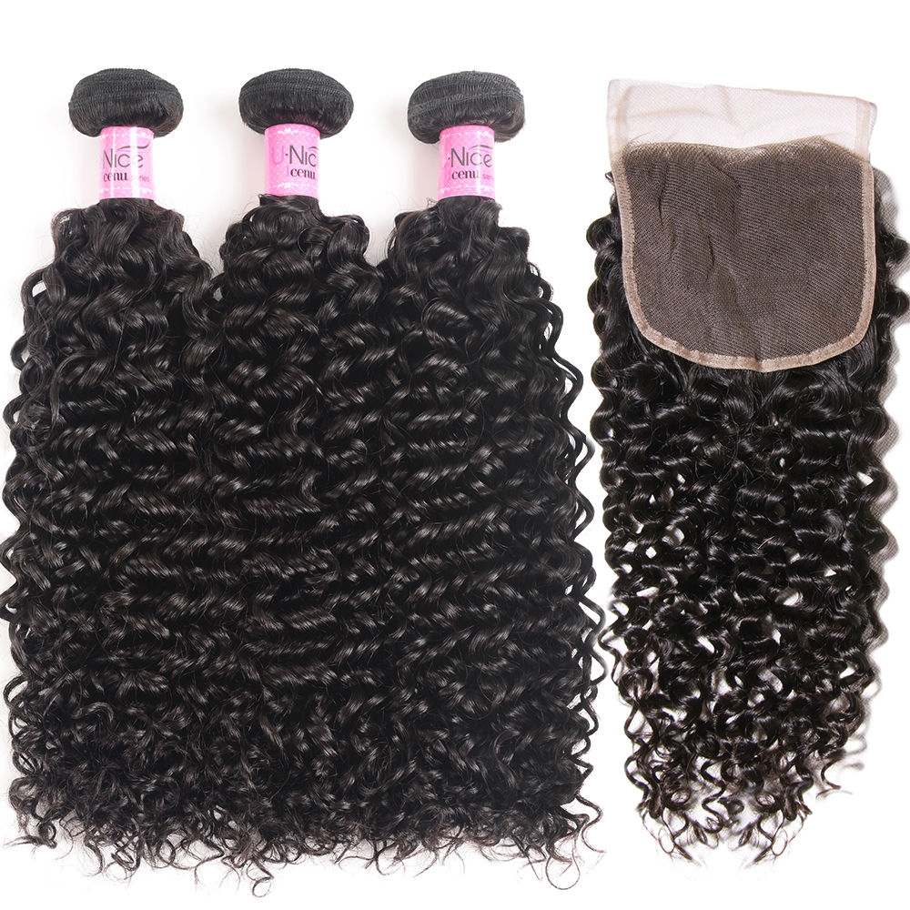 Curly Hair Bundles With 4x4 Closure Natural Color 2/3/4 PCS Human Hair