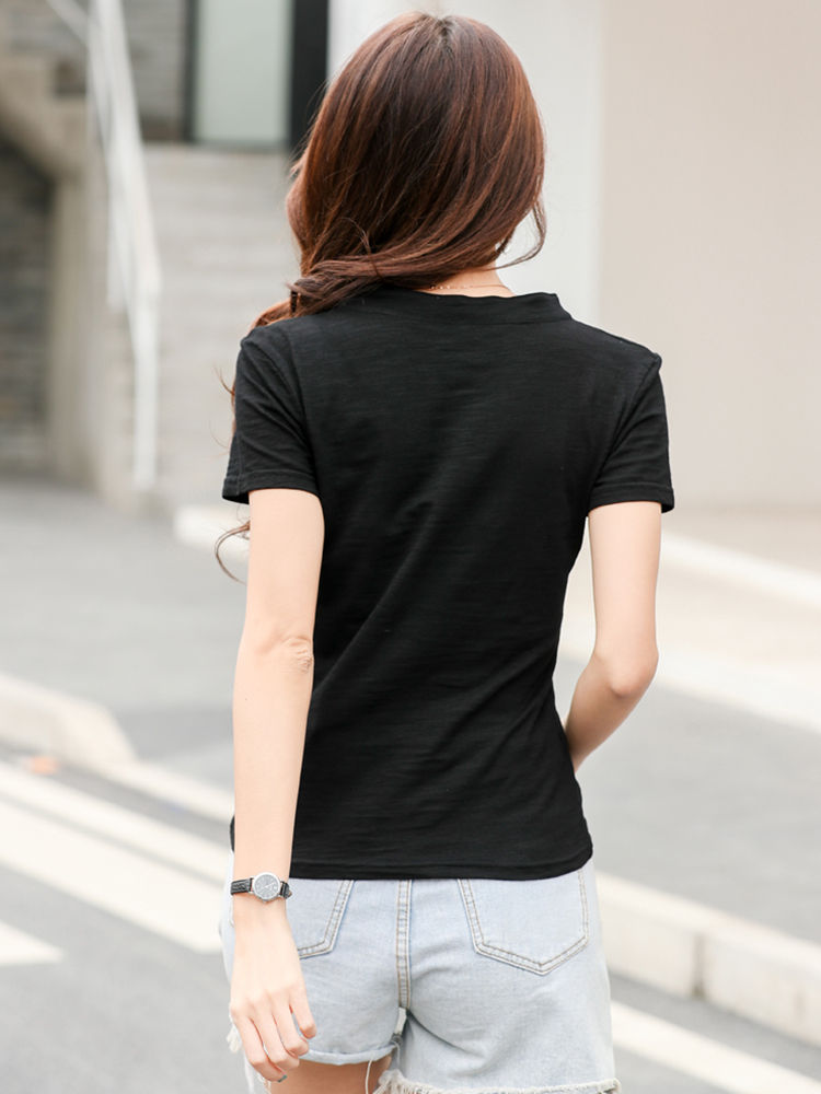 Thumbnail: Bamboo Cotton V-Neck T-Shirt – Soft Casual Short Sleeve Summer Top for Women
