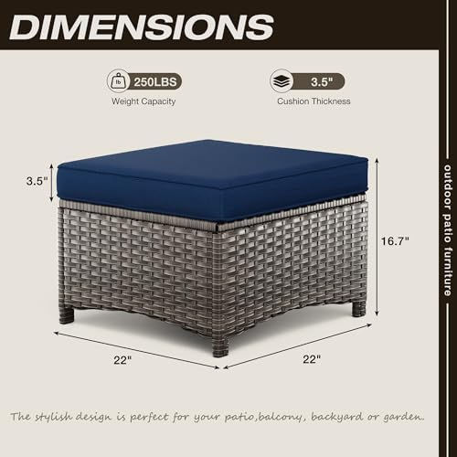 Thumbnail: Outdoor Ottomans Set of 2 – Blue PE Wicker Footstools with Cushions and Steel