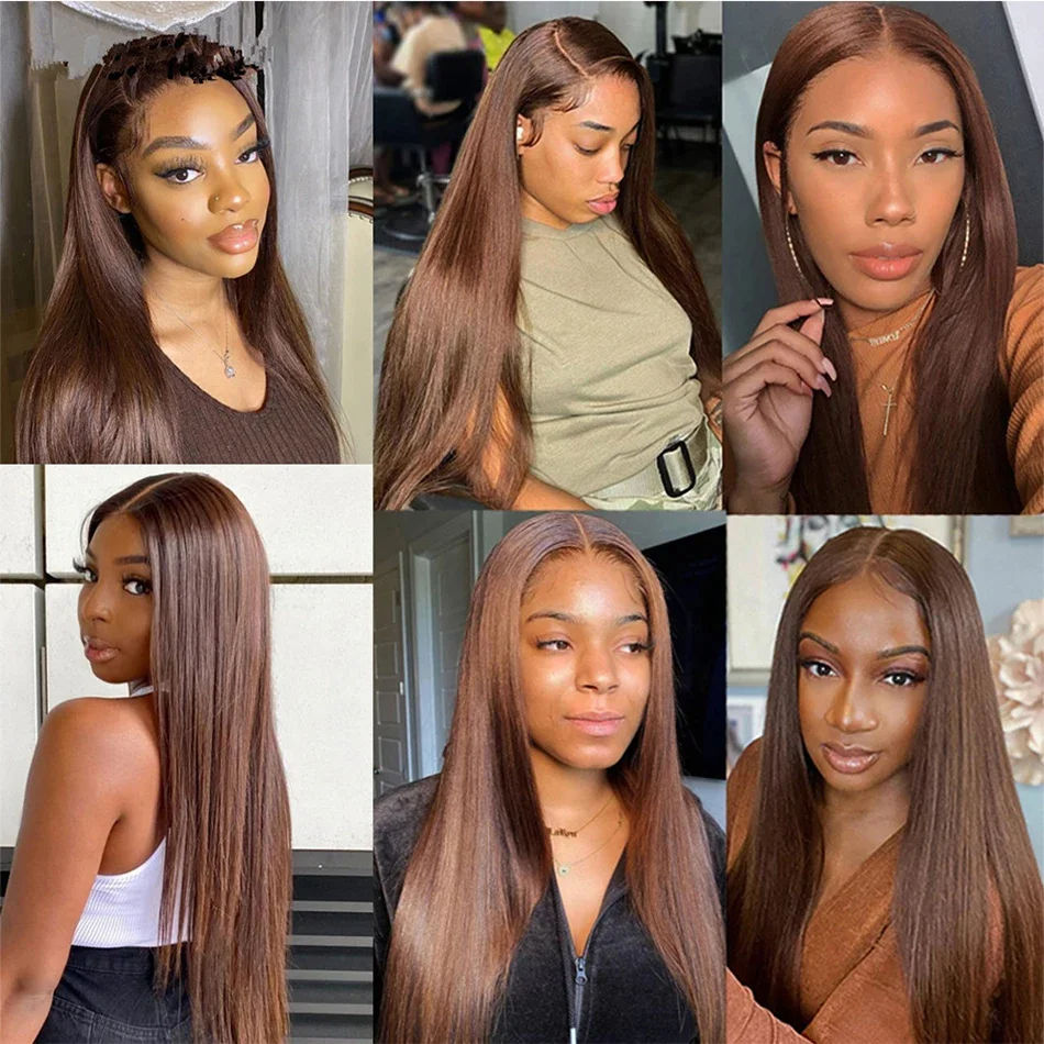 Thumbnail: Chocolate Brown Straight Wig – 13x4 Swiss Lace, Brazilian Remy Human Hair