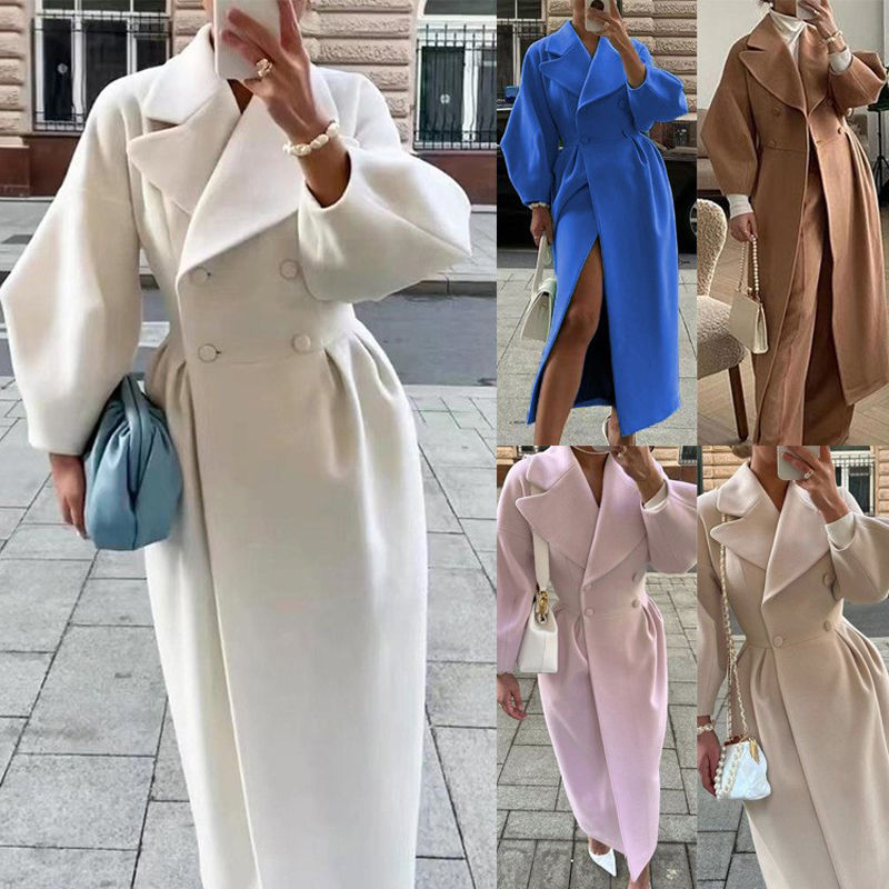Thumbnail: Women Loose Fit Double Breasted Lapel Trench Coat Solid Color Winter Fashion